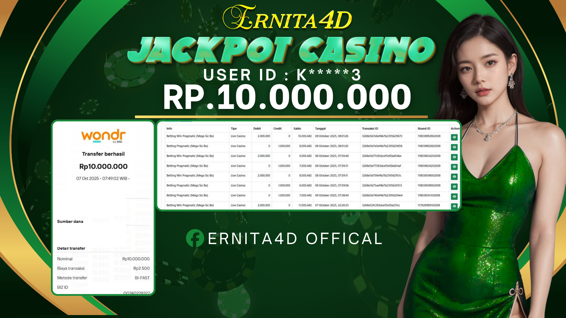 ERNITA4D JACKPOT DI LIVE CASINO MEGA SICBO Rp. 10.000.000 , LUNAS